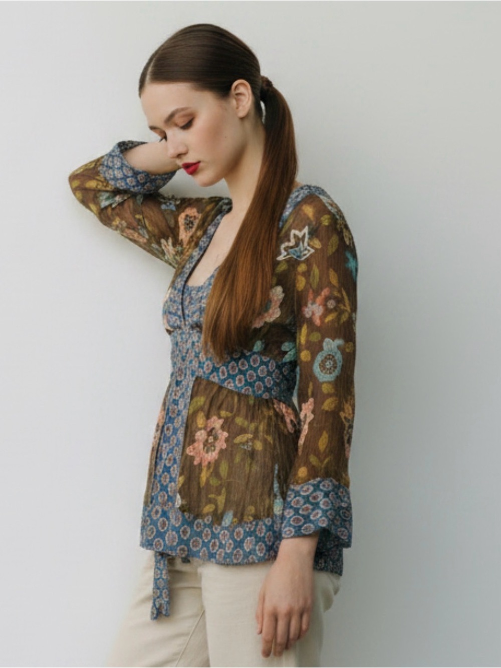 HALE BOB Kimono Blouse. Silk,Empire Waist, Ekegant Trim,Long Sash. Rare. Iconic! - Picture 2 of 9
